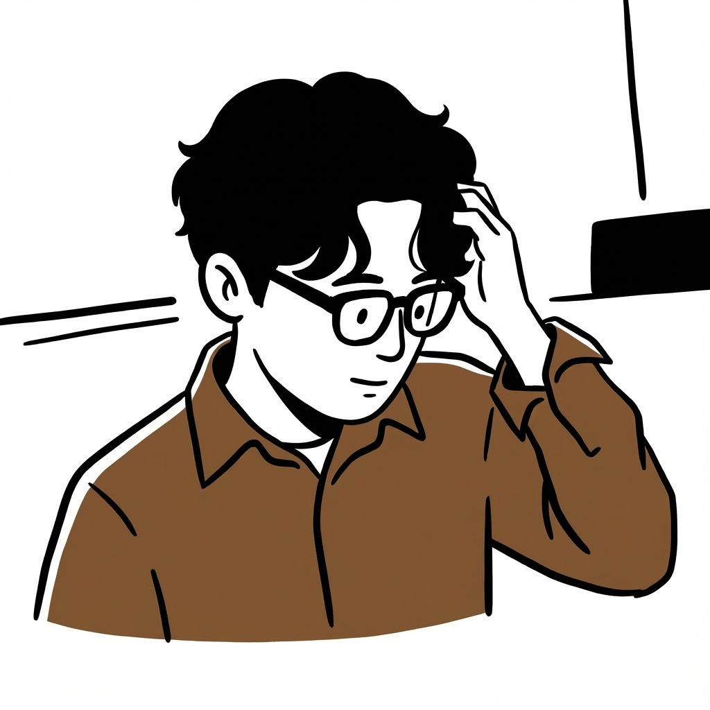 jihun이 머리를 만지고 있는 일러스트.